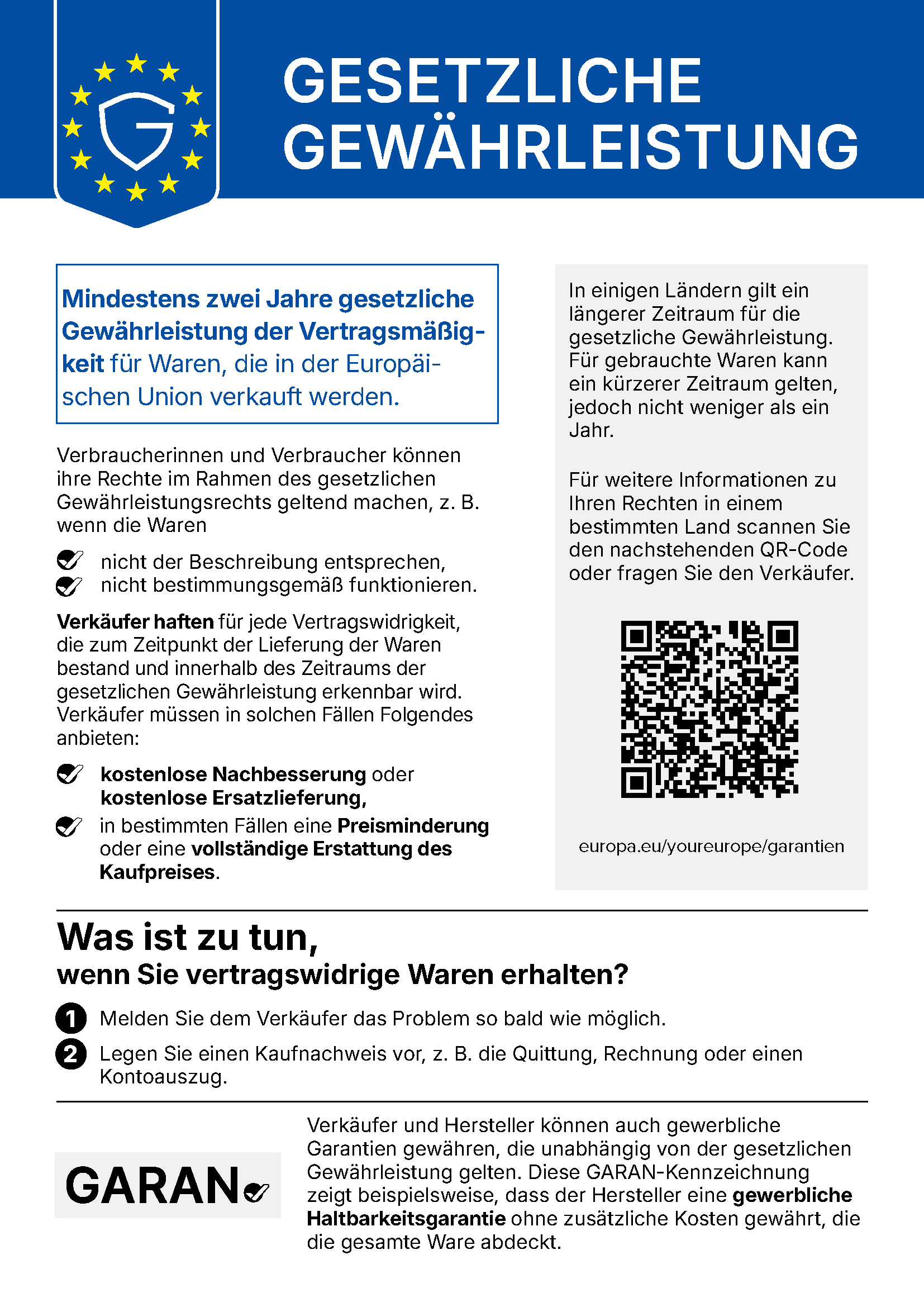 EU-Hinweis: Gesetzliche Gewährleistungsrechte für Waren