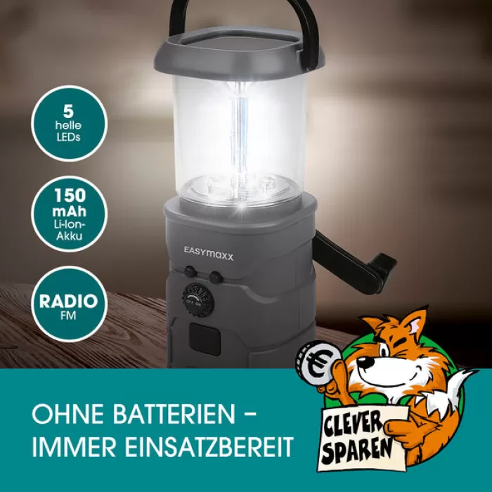 EASYmaxx Akku-Lampe mit Radio, Solar und Handkurbel – Grau