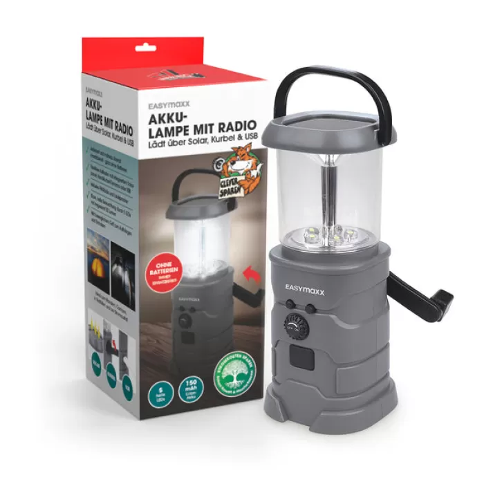 EASYmaxx Akku-Lampe mit Radio, Solar und Handkurbel – Grau