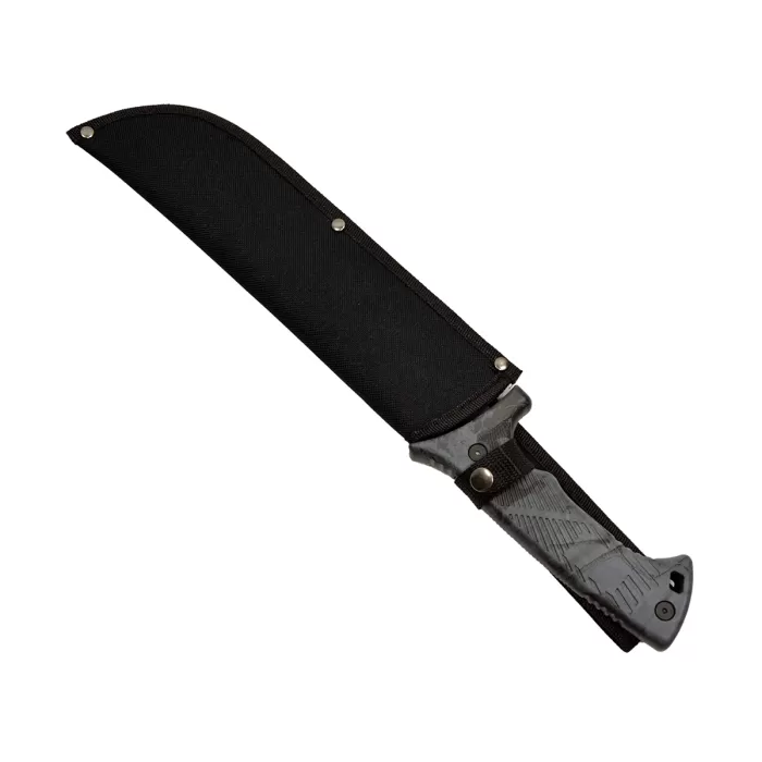 Machete Jungle mit Sägezahnung und schwarz-grauem Griff mit Nylonscheide
