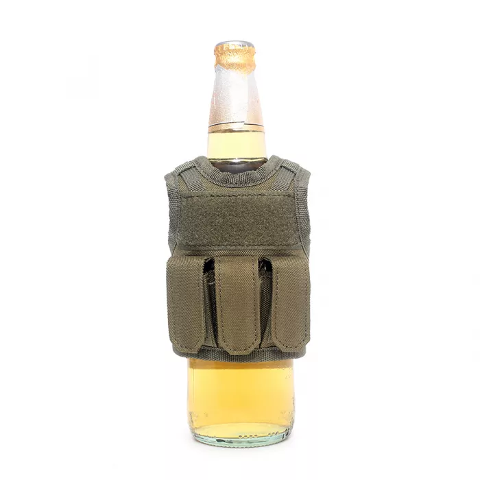 Mini Tactical Schutzweste mit Fronttaschen für Bierflasche / Weinflasche / Thermosflasche - Oliv