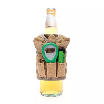 Mini Tactical Schutzweste mit Fronttaschen für Bierflasche / Weinflasche / Thermosflasche - Sand