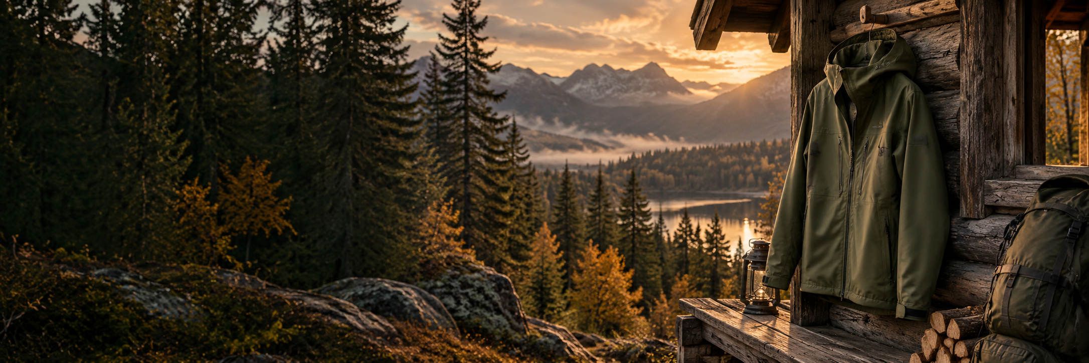 KI-generierte Outdoorjacke an einer Waldhütte