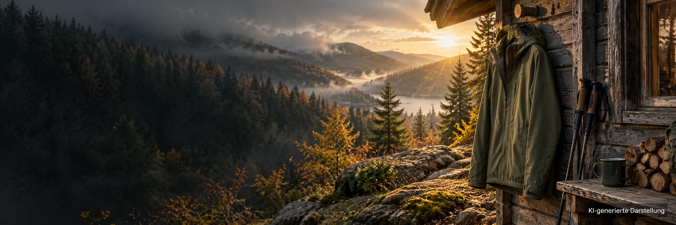 KI-generierte Outdoorjacke an einer Waldhütte