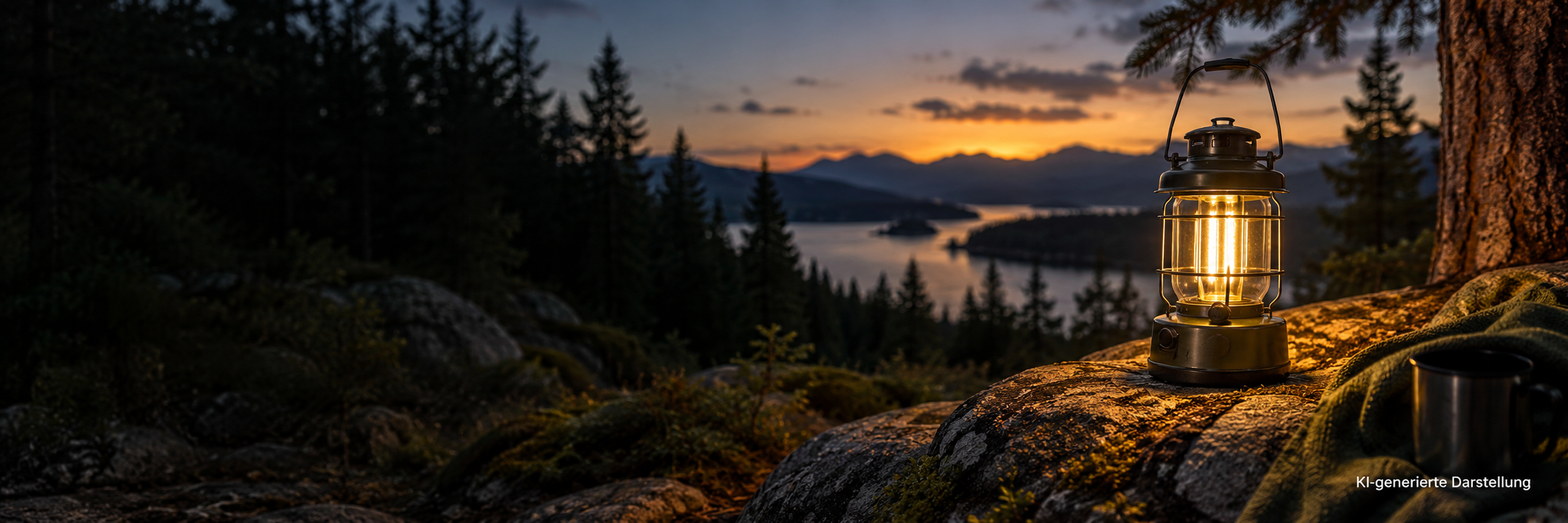 KI-generierte Campinglaterne in einer Waldlandschaft