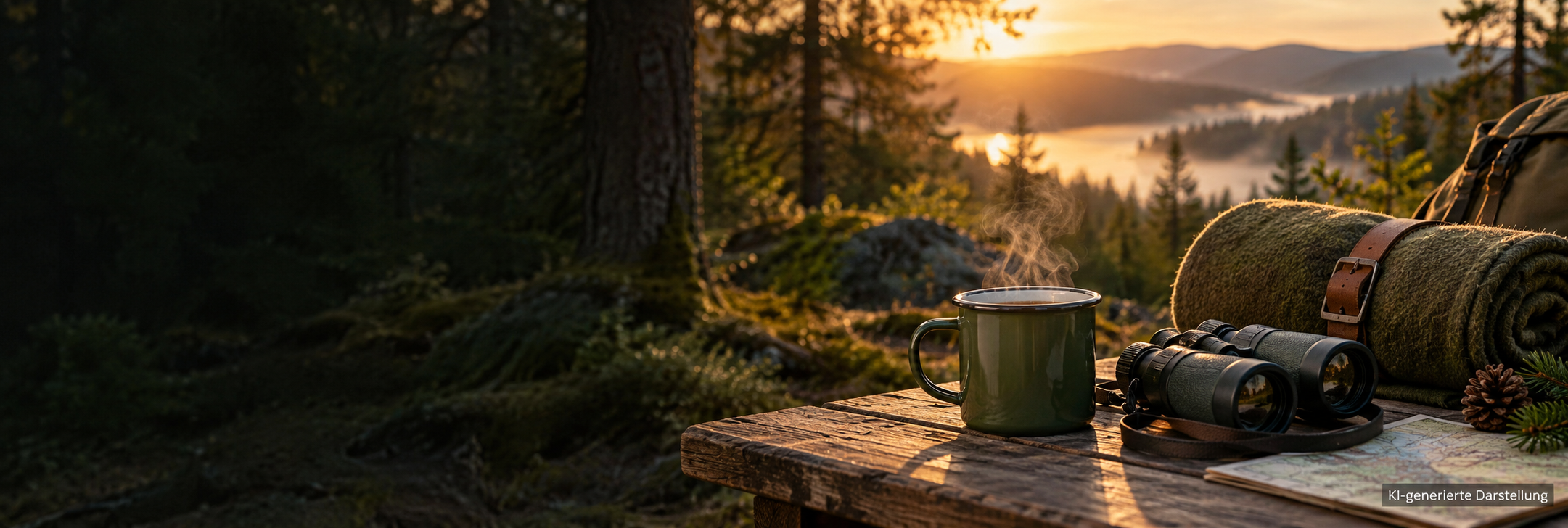 KI-generierte Outdoor-Ausrüstung mit Becher, Decke und Fernglas